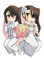 Rule 34 | 1girl, alternate costume, bare shoulders, blush, bouquet, bride, brown eyes, brown hair, chibi, closed mouth, dress, flower, formal, gloves, hair between eyes, hair flower, hair ornament, higaragi, highres, jacket, kantai collection, long hair, long sleeves, looking at viewer, multiple views, nachi (kancolle), pants, shoes, side ponytail, simple background, smile, suit, very long hair, vest, wedding dress, white dress, white flower, white footwear, white gloves, white jacket, white pants, white vest