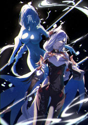 Rule 34 | 1girl, absurdres, black bodysuit, black gloves, bodysuit, commentary request, covered navel, detached sleeves, fingerless gloves, genshin impact, gloves, grey eyes, grey hair, hair ornament, hair over one eye, highres, holding, holding polearm, holding weapon, kuji-in, long hair, long sleeves, looking at viewer, low ponytail, parted lips, polearm, re:rin, shenhe (genshin impact), sidelocks, simple background, solo, stand (jojo), weapon, wind