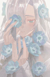Rule 34 | 1girl, anemone (flower), blue eyes, blue flower, blue hair, blush, closed mouth, commentary request, cute mdr, dress, expressionless, flower, grey hair, hair flower, hair ornament, hair over one eye, half-closed eyes, hands up, highres, holding, holding flower, isekai joucho, kamitsubaki studio, long hair, long sleeves, looking at viewer, multicolored hair, one eye covered, simple background, solo, two-tone hair, upper body, virtual youtuber, white background, white dress