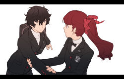 Rule 34 | 1boy, 1girl, amamiya ren, bag, black bag, black bow, black bowtie, black eyes, black hair, black jacket, blush, bow, bowtie, buttons, closed mouth, commentary request, eye contact, hair bow, highres, jacket, letterboxed, long hair, long sleeves, looking at another, persona, persona 5, persona 5 the royal, ponytail, red eyes, red hair, school bag, school uniform, shirt, short hair, shuujin academy school uniform, simple background, smile, tsubsa syaoin, uniform, white background, white shirt, yoshizawa kasumi