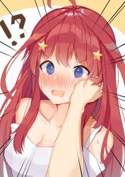 Rule 34 | !?, 1girl, @ @, ahoge, bare shoulders, blush, breasts, brown background, cleavage, collarbone, dress, emphasis lines, go-toubun no hanayome, hair between eyes, hair ornament, hand on another&#039;s cheek, hand on another&#039;s face, highres, long hair, medium breasts, mizuki ryuu, nakano itsuki, nose blush, off-shoulder dress, off shoulder, open mouth, out of frame, purple eyes, red hair, solo focus, star (symbol), star hair ornament, surprised, sweat, two-tone background, upper body, v-shaped eyebrows, very long hair, wavy mouth, white background, white dress