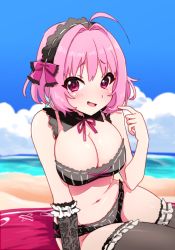 Rule 34 | 100 hitsuji, 1girl, ahoge, bare shoulders, beach, beach towel, bikini, black bikini, black thighhighs, blue hair, blue sky, blurry, blurry background, blush, breasts, cleavage, cloud, cosplay, day, detached collar, fang, floral print, hair intakes, hand up, highres, horizon, idolmaster, idolmaster cinderella girls, kanzaki ranko, kanzaki ranko (cosplay), large breasts, looking at viewer, multicolored hair, navel, neck ribbon, ocean, open mouth, outdoors, pink eyes, pink hair, pink ribbon, pointing, pointing at self, raised eyebrows, ribbon, sand, shiny skin, short hair, sitting, sky, smile, solo, swimsuit, thighhighs, thighs, towel, two-tone hair, water, yumemi riamu
