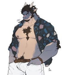 Rule 34 | 1boy, abs, arm hair, bad id, bad twitter id, bara, bare pectorals, belt, body fur, brown belt, bulge, chest hair, cowboy shot, dragon boy, dragon horns, earrings, facial hair, fang, furry, furry male, goatee, hawaiian shirt, highres, horns, jewelry, large pectorals, long sideburns, looking at viewer, male focus, mature male, muscular, muscular male, navel, navel hair, nipple piercing, nipple rings, nipples, open belt, open clothes, open shirt, original, pants, pectorals, piercing, pointy ears, ppyong, scar, scar on face, scar on nose, shirt, short hair, sideburns, sleeves rolled up, smile, solo, stomach, thighs, white pants