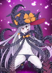 Rule 34 | 1girl, abigail williams (fate), abigail williams (third ascension) (fate), bad id, bad pixiv id, black bow, black panties, blush, bow, breasts, cameltoe, colored tongue, convenient censoring, facial mark, fate/grand order, fate (series), forehead mark, full body, hat, hat bow, highres, keyhole, kneeling, licking, long hair, looking at viewer, navel, open mouth, orange bow, pale skin, panties, polka dot, polka dot bow, purple eyes, purple tongue, saliva, silver hair, small breasts, solo, spread legs, sunday se7en, tentacles, tongue, topless, underwear, very long hair, witch hat