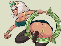 Rule 34 | 1girl, animated, animated gif, anus, ass, bare shoulders, breasts, chakram, cleft of venus, crown, dark skin, huge weapon, jewelry, league of legends, medium breasts, necklace, orange eyes, pussy, qiyana (league of legends), tagme, valmar, weapon, white hair, wide hips