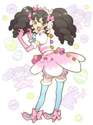 Rule 34 | 1girl, :d, black hair, blue thighhighs, bow, chibi, chibi inset, claw pose, commentary request, dinosaur, dress, egg, elbow gloves, fake horns, fangs, full body, gaaruru (pripara), gloves, hair bow, hairband, headphones, high heels, horns, idol clothes, long hair, looking at viewer, looking back, open mouth, pink bow, pink dress, pink footwear, pink gloves, pink horns, pretty series, pripara, puffy short sleeves, puffy sleeves, short sleeves, smile, solo, standing, star (symbol), thighhighs, twintails, uehasu (drill&#039;n girl), white hairband