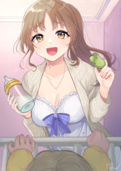 Rule 34 | 1girl, absurdres, baby, baby bottle, bare legs, blush, bottle, breasts, camisole, check commentary, collarbone, commentary, commentary request, glasses, highres, holding, holding bottle, huge filesize, jacket, jewelry, light brown hair, long hair, looking at viewer, medium breasts, milk, mizuiro 32, mother and child, necklace, nijisanji, official alternate costume, open mouth, pacifier, parted bangs, pink jacket, ribbed jacket, shorts, signature, simple background, sister claire, sister claire (7th costume), sleep mask, sleepwear, smile, solo, solo focus, standing, virtual youtuber, white background, yellow eyes
