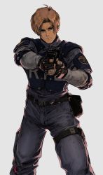 Rule 34 | 1990s (style), 1boy, aiming, armor, belt, big hair, blue eyes, brown hair, bulletproof vest, capcom, closed mouth, commentary, david liu, elbow pads, english commentary, feet out of frame, fingerless gloves, gloves, grey background, gun, handgun, highres, holding, holding gun, holding weapon, leon s. kennedy, looking at viewer, male focus, pistol, police, police badge, police uniform, policeman, pouch, resident evil, resident evil 2, resident evil 2 (remake), retro artstyle, serious, short hair, shoulder pads, simple background, solo, standing, uniform, weapon