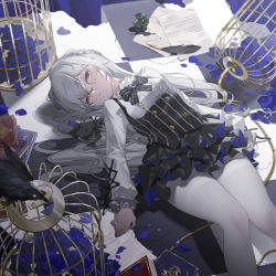 Rule 34 | 1girl, allan poe (honkai impact), benghuai xueyuan, bird, birdcage, black cat, black dress, black necktie, blue flower, blue rose, book, brooch, buttons, cage, cat, checkered floor, commentary, crow, dress, english commentary, feet out of frame, flower, frilled dress, frills, hair bun, high collar, highres, honkai (series), honkai impact 3rd, ink bottle, jewelry, long hair, long sleeves, looking to the side, lying, necktie, on back, pantyhose, petals, pink eyes, quill, rose, shaded face, shirt, shirt under dress, sidelocks, single hair bun, solo, striped clothes, striped dress, striped necktie, striped neckwear, tatatsu, unamused, vertical-striped clothes, vertical-striped dress, white hair, white pantyhose, white shirt