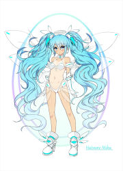 Rule 34 | 1girl, bba1985, bikini, blue eyes, blue hair, blush, cameltoe, character name, dark-skinned female, dark skin, elbow gloves, fairy, fairy wings, front-tie top, frown, gloves, halo, hatsune miku, highres, long hair, looking at viewer, matching hair/eyes, multiple wings, navel, one-piece tan, shoes, solo, swimsuit, tan, tanline, twintails, very long hair, vocaloid, white bikini, white gloves, wings