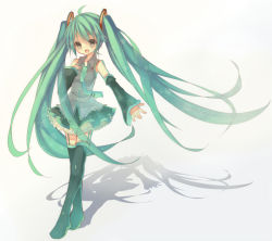 Rule 34 | 1girl, ahoge, bad id, bad pixiv id, child, detached sleeves, garter straps, green hair, hand on another&#039;s chest, hand on own chest, hatsune miku, inaresi, long hair, necktie, simple background, skirt, smile, solo, thighhighs, twintails, very long hair, vocaloid, vocaloid222222