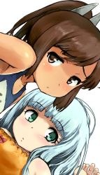 Rule 34 | 2girls, aoki hagane no arpeggio, blue hair, blush, brown eyes, brown hair, closed mouth, crossover, female focus, green eyes, i-401 (kancolle), iona (aoki hagane no arpeggio), kantai collection, light blue hair, long hair, multiple girls, name connection, name tag, one-piece swimsuit, ponytail, sasahara yuuki, school swimsuit, simple background, swimsuit, upper body, white background