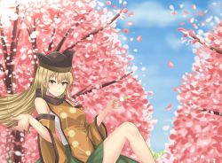 Rule 34 | 1girl, blonde hair, blue sky, blush, branch, breasts, brown hat, cape, cherry blossoms, closed mouth, cloud, cloudy sky, constellation, constellation print, dango, detached sleeves, food, grass, green skirt, hair between eyes, hands up, hat, highres, leaf, long hair, long sleeves, looking at viewer, matara okina, medium breasts, orange cape, petals, shirt, sitting, skirt, sky, smile, solo, tabard, touhou, tree, wagashi, white shirt, wide sleeves, wuwusan, yellow eyes