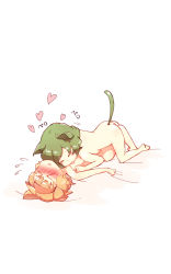 Rule 34 | &gt; &lt;, 2girls, alice margatroid, animal ears, ass, bad id, bad pixiv id, blush, breasts, butt crack, cat ears, cat tail, green hair, hairband, heart, highres, kazami yuuka, kemonomimi mode, licking, lying, multiple girls, non (z-art), nude, on back, open mouth, short hair, sideboob, tail, touhou, white background, yuri