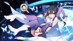 Rule 34 | 1girl, armpits, arms up, ass, bare shoulders, bison cangshu, black hair, boots, breasts, bug, butterfly, cape, detached sleeves, fate/kaleid liner prisma illya, fate (series), full body, hair between eyes, hair ornament, highres, insect, kaleidostick, legs up, leotard, long hair, long sleeves, looking at viewer, low twintails, magic circle, magical girl, magical sapphire, miyu edelfelt, purple leotard, purple thighhighs, red eyes, small breasts, smile, solo, thigh strap, thighhighs, twintails, v-shaped eyebrows, white footwear, x hair ornament