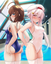 Rule 34 | 2girls, ahoge, arthur ko, ass, bare arms, bare shoulders, blue eyes, blue hair, blue one-piece swimsuit, blush, braid, brown hair, closed mouth, competition school swimsuit, competition swimsuit, gradient hair, hair between eyes, hair flaps, hair ornament, hairclip, harusame (kancolle), hat, highres, kantai collection, long hair, multicolored hair, multiple girls, one-piece swimsuit, open mouth, pink hair, pocari sweat, pool, red eyes, rei no pool, school swimsuit, shigure (kancolle), shigure kai san (kancolle), side ponytail, single braid, swimsuit, thighhighs, white headwear, white one-piece swimsuit, white thighhighs