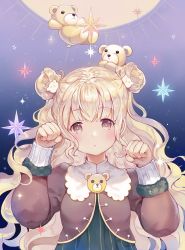 Rule 34 | 1girl, :&lt;, arm up, bear hair ornament, big hair, blonde hair, blue dress, blush, brown eyes, brown jacket, closed mouth, commentary request, double bun, dress, hair bun, hair ornament, hand up, head tilt, jacket, long hair, long sleeves, looking at viewer, original, paw pose, sibyl, side bun, sidelocks, solo, star (symbol), stuffed animal, stuffed toy, teddy bear, very long hair