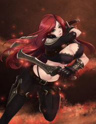 Rule 34 | 1girl, breasts, cleavage, covered erect nipples, gloves, green eyes, highres, jacket, katarina (league of legends), knife, large breasts, league of legends, leather, leather gloves, leather jacket, leather pants, long hair, midriff, pants, red hair, scar, seiryuu zaiten