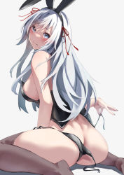 Rule 34 | 1girl, alexi oekaki, animal ears, ass, bare shoulders, black hairband, black panties, black thighhighs, blue eyes, blush, breasts, butt crack, closed mouth, fake animal ears, from behind, grey background, grey hair, hairband, highres, large breasts, leotard, looking at viewer, looking back, original, panties, playboy bunny, rabbit ears, simple background, sitting, solo, thighhighs, thighs, underwear, wariza