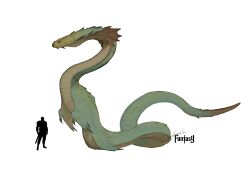 Rule 34 | absurdres, animal focus, fins, from side, full body, highres, monster, original, profile, signature, silhouette, simple background, size comparison, solo focus, sonech, tail, white background