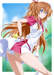 Rule 34 | 10s, 1girl, arched back, ass, ball, blue eyes, brown hair, clothes lift, eyelashes, fence, frilled panties, frills, houjou hibiki, long hair, nakahira guy, panties, precure, skirt, skirt lift, solo, suite precure, tennis ball, twintails, two side up, underwear, upskirt, wind, wind lift, wristband