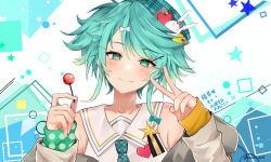 Rule 34 | 1boy, absurdres, bare shoulders, candy, food, green eyes, green hair, hair ornament, hairclip, hat, hat pin, highres, holding, holding candy, holding food, holding lollipop, holostars, jacket, kagami kira, lollipop, long sleeves, machi 824, male focus, messy hair, necktie, solo, trap, v, virtual youtuber