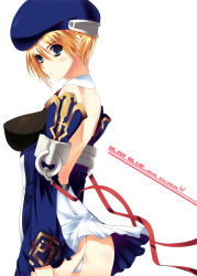 Rule 34 | 1girl, arc system works, ass, back, backless outfit, bare back, beret, blazblue, blonde hair, blue eyes, blush, detached sleeves, hat, noel vermillion, panties, short hair, solo, thong, tomi, underwear