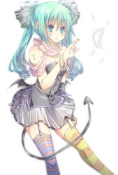 Rule 34 | 1girl, aqua eyes, aqua hair, aqua nails, asymmetrical legwear, bracelet, bridal gauntlets, buttons, demon tail, elbow gloves, eyelashes, facepaint, feathers, female focus, garter straps, gloves, hatsune miku, highres, jewelry, low wings, mismatched legwear, multicolored clothes, multicolored legwear, nail polish, patterned legwear, ringlets, see-through, simple background, skirt, solo, striped clothes, striped thighhighs, tail, takamiya ren, tattoo, thighhighs, twintails, vocaloid, wings