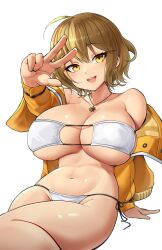 Rule 34 | 1girl, ahoge, ajidot, anis (nikke), anis (sparkling summer) (nikke), arm support, bare shoulders, bikini, blush, breasts, brown eyes, brown hair, collarbone, eyepatch bikini, goddess of victory: nikke, hair ornament, highres, jacket, jewelry, large breasts, navel, necklace, off shoulder, official alternate costume, open mouth, short hair, simple background, sitting, swimsuit, v, white bikini, yellow jacket