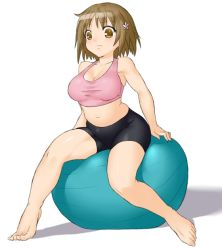 Rule 34 | 10s, 1girl, animated, animated png, ball, bare arms, barefoot, bike shorts, bouncing breasts, breasts, brown eyes, brown hair, cleavage, collarbone, derivative work, exercise ball, feet, gym outfit, idolmaster, idolmaster cinderella girls, kaze (kazesan), large breasts, midriff, mimura kanako, navel, onsoku inu, short hair, sitting, solo, tank top