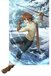 Rule 34 | 1boy, akame ga kill!, black gloves, black pants, border, brown footwear, brown hair, closed mouth, full body, gloves, green eyes, hair between eyes, highres, holding, holding sword, holding weapon, k12io, long sleeves, looking at viewer, male focus, outside border, pants, scabbard, sheath, short hair, snow, snowflakes, solo, sweater, sword, tatsumi (akame ga kill!), weapon, white border