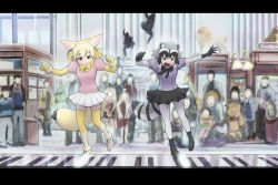 Rule 34 | 10s, 2girls, :3, aged up, animal ears, audience, big (movie), black hair, blonde hair, bow, bowtie, chromatic aberration, commentary, common raccoon (kemono friends), fennec (kemono friends), fox ears, fox tail, gloves, kemono friends, letterboxed, multicolored hair, multiple girls, open mouth, parody, piano keys, puffy short sleeves, puffy sleeves, raccoon ears, raccoon tail, short hair, short sleeves, skirt, smile, standing, standing on one leg, tail, thighhighs, ueyama michirou