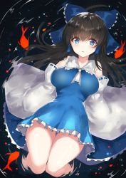 Rule 34 | 1girl, alternate color, animal, bare shoulders, black hair, blue bow, blue eyes, bow, breasts, closed eyes, commentary request, detached sleeves, dress, fish, floating hair, frilled dress, frills, hair bow, hair tubes, hakurei reimu, large bow, large breasts, long hair, looking at viewer, moruchi (rinaka moruchi), ribbon-trimmed sleeves, ribbon trim, solo, thigh gap, touhou, water, wide sleeves