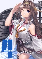 Rule 34 | 1girl, brown hair, brown skirt, commentary request, detached sleeves, double bun, hair bun, hairband, headgear, kantai collection, kongou (kancolle), kongou kai ni (kancolle), long hair, machinery, miniskirt, minosu, nontraditional miko, parted lips, pleated skirt, popped collar, purple eyes, ribbon-trimmed sleeves, ribbon trim, salute, skirt, smile, solo, translation request