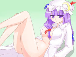 Rule 34 | 1girl, arm support, bad id, bad pixiv id, bottomless, breasts, cleavage, crescent, female focus, hat, legs, long hair, navel, nyontase, open clothes, open shirt, patchouli knowledge, purple eyes, purple hair, shirt, solo, touhou