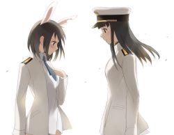 Rule 34 | 10s, 2girls, animal ears, artist self-insert, bad id, bad pixiv id, black eyes, black hair, blush, rabbit ears, female admiral (kancolle), hat, highres, kantai collection, kisetsu, military, military uniform, multiple girls, naval uniform, necktie, open mouth, strike witches, uniform, world witches series
