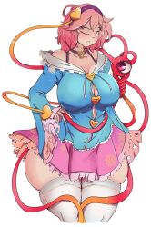 Rule 34 | 1girl, aged up, breasts, collar, greenm, hair ornament, highres, komeiji satori, large breasts, looking at viewer, one eye closed, pink hair, red eyes, thick thighs, thighhighs, thighs, touhou, white background, white thighhighs