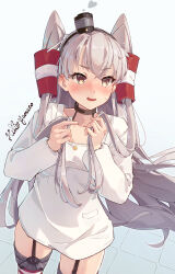 Rule 34 | 1girl, amatsukaze (kancolle), artist name, blush, collarbone, commentary request, cowboy shot, dress, fang, grey hair, hair tubes, highres, himeyamato, kantai collection, long hair, long sleeves, open mouth, revision, signature, solo, two side up, white dress, yellow eyes