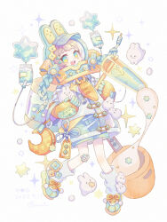 Rule 34 | 1girl, :d, animal helmet, blue eyes, blue shorts, bow, brown hair, commentary, crescent, food, from side, full body, gloves, green footwear, green gloves, hair ornament, hairclip, kine, leg warmers, liquid, looking at viewer, mallet, mochi, no pupils, open mouth, orange bow, original, pastel colors, rabbit, rabbit helmet, see-through, short hair, shorts, simple background, smile, solo, sorata123, sparkle, standing, standing on one leg, star (symbol), tank (container), tassel, two-tone eyes, white background, yellow eyes