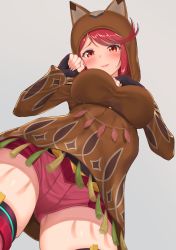 Rule 34 | 1girl, alternate costume, animal hood, blush, breasts, cat day, cowboy shot, disguised pyra (xenoblade), fingerless gloves, from below, gloves, gluteal fold, grey background, highres, hood, large breasts, looking at viewer, nemunemu semi, pyra (xenoblade), red eyes, red hair, short hair, short shorts, shorts, simple background, solo, swept bangs, tassel, thighhighs, xenoblade chronicles (series), xenoblade chronicles 2