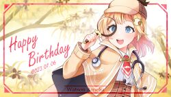 Rule 34 | blonde hair, blue eyes, capelet, character name, collared shirt, dated, deerstalker, hair ornament, happy birthday, hat, highres, holding, holding magnifying glass, hololive, hololive english, jacket, long hair, long sleeves, magnifying glass, necktie, ohu (kagemaru), open mouth, shirt, smile, stethoscope, tree, virtual youtuber, watson amelia, watson amelia (1st costume)