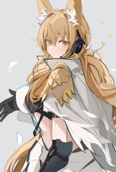 Rule 34 | 1girl, animal ear fluff, animal ears, arknights, black gloves, blonde hair, blush, breasts, brown eyes, cape, closed mouth, elbow gloves, elbow pads, from behind, gloves, grey background, headset, highres, horse ears, implied extra ears, large breasts, long hair, looking at viewer, looking back, mikozin, nearl (arknights), nearl the radiant knight (arknights), shoulder pads, simple background, solo, sparkle, upper body, white cape
