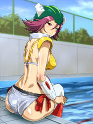 Rule 34 | 10s, 1girl, armor, ass, bikini, bikini armor, blush, boots, bra, breasts, female focus, from behind, helmet, jeeg-san, large breasts, looking at viewer, looking back, monteriakitto, panties, pink hair, pool, red eyes, robot girls z, shiny clothes, shiny skin, short hair, sideboob, sitting, smile, solo, swimsuit, thighhighs, underwear