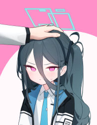 Rule 34 | &lt;key&gt; (blue archive), 1girl, absurdres, aris (blue archive), black hair, blue archive, blue necktie, blush, collared shirt, doribae, halo, hand on another&#039;s head, headpat, highres, jacket, long hair, necktie, one side up, pink eyes, pout, shirt, solo focus, sweatdrop, white shirt