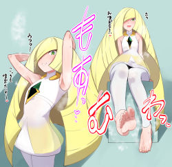 Rule 34 | 1girl, absurdres, armpits, arms behind head, arms up, barefoot, creatures (company), daba (wandaba), feet, game freak, green eyes, hair over one eye, highres, long hair, looking at viewer, lusamine (pokemon), nintendo, open mouth, pokemon, pokemon sm, smell, smile, soles, solo, steaming body, toes, translated, very long hair
