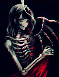 Rule 34 | 1girl, bone, chromatic aberration, lips, lipstick, looking at viewer, makeup, monochrome, one-eyed, original, petals, red lips, single wing, skeleton, solo, spot color, wings, yumepon