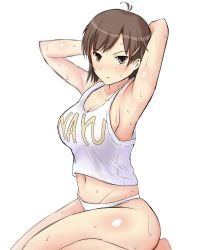 Rule 34 | 1girl, absurdres, amagami, antenna hair, armpits, bare arms, bare shoulders, blush, breasts, brown eyes, brown hair, cleavage, clothes writing, commentary request, crop top, gyuunyuu pack (tanaka), highres, itou kanae (amagami), large breasts, looking at viewer, midriff, navel, no pants, nose blush, open mouth, panties, shiny skin, short hair, sideboob, simple background, sitting, solo, stomach, sweat, tank top, thighs, underwear, wariza, wet, white background, white panties, white tank top