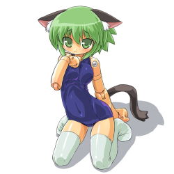 Rule 34 | 10s, 1girl, animal ears, bad id, bad pixiv id, busou shinki, cat ears, cat tail, dd (ijigendd), doll joints, green eyes, green hair, joints, maochao, matching hair/eyes, one-piece swimsuit, school swimsuit, shiny clothes, simple background, solo, swimsuit, tail, thighhighs