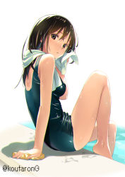 Rule 34 | 1girl, :o, arm support, bare arms, bare legs, bare shoulders, barefoot, black one-piece swimsuit, blush, breasts, brown eyes, brown hair, commentary request, from side, hair between eyes, koutaro, long hair, looking at viewer, looking to the side, medium breasts, one-piece swimsuit, original, parted lips, solo, swimsuit, towel, towel around neck, twitter username, water, wet, wet hair