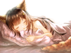 Rule 34 | 1girl, animal ears, aster (granblue fantasy), bare arms, bare shoulders, bed sheet, black hair, blanket, blurry, brown eyes, brown hair, closed eyes, depth of field, erune, eyelashes, from side, granblue fantasy, hair ornament, light particles, long hair, lying, myusha, on bed, on side, parted lips, simple background, sleeping, solo, upper body, white background